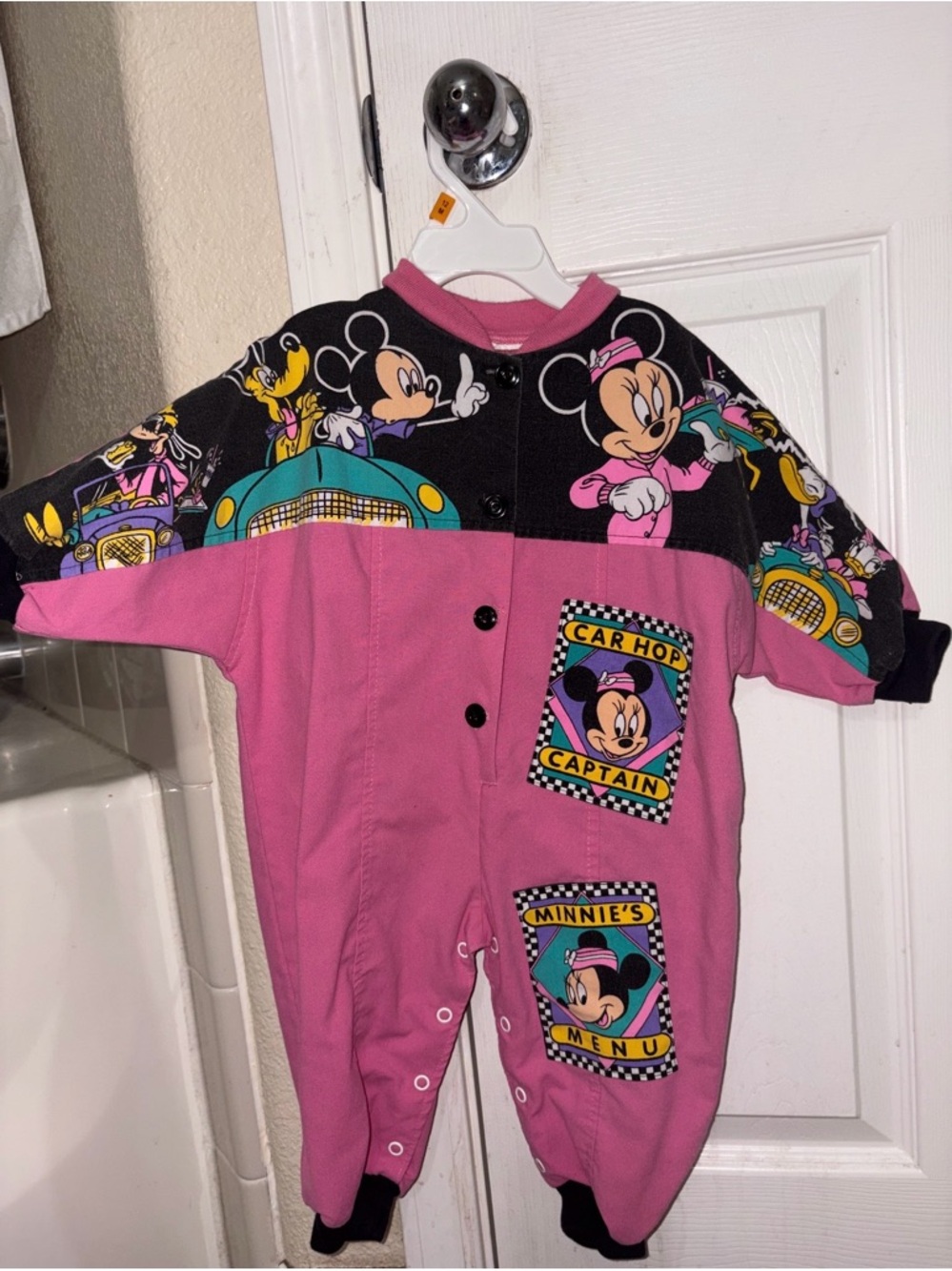 Vintage Pink Minnie Mouse Front-Snap Baby One-Piece